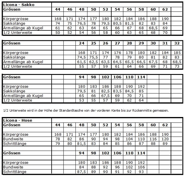 Licona Anzug Maße