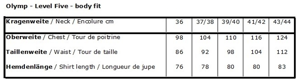 Masstabelle Olymp