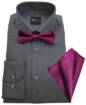 Venti Edition Slim Fit Langarmhemd anthrazit mit Fliege oder Krawatte und Einstecktuch