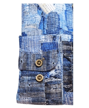 R2 Amsterdam Langarmhemd Fancydruck in marine blau weiss braun