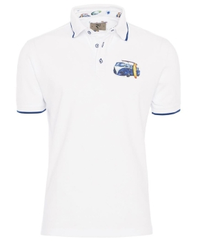 R2 Amsterdam Polo Shirt weiss blaubunt Motivdruck Automobil