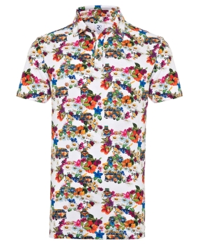 R2 Amsterdam Polo Shirt Stretch weiss multicolor Flower Auto Print