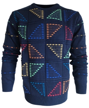 Montechiaro Italy edler R-Neck Pullover Intarsienmuster dunkelblau multicolor