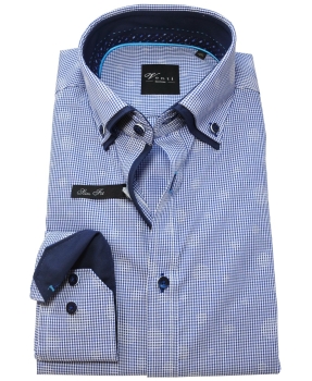 Venti Black Label Slim Fit Langarmhemd in blau weiss Minikaro