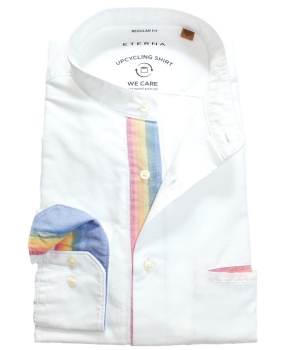 eterna UPCYCLING SHIRT Langarmhemd Regular Fit Stehkragen weiss bunte Patches mit Brusttasche