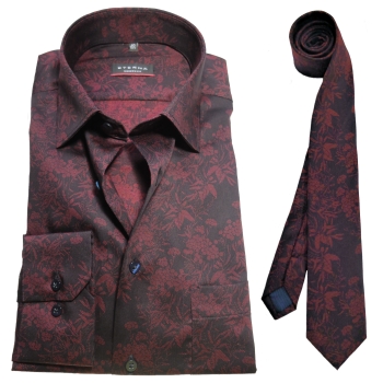 eterna Modern Fit Langarmhemd + Krawatte schwarz dunkelrot Floralmotiv