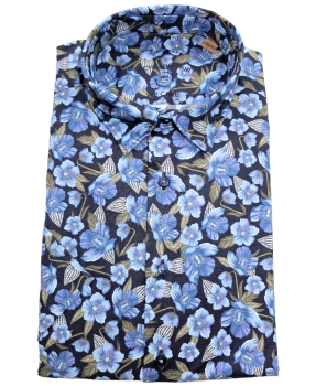 eterna Kurzarmhemd dunkelblau Floralprint multicolor UPCYCLING SHIRT