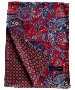Hemley exklusiver Schal Seide Zweiseitenoptik in rot blau creme Paisleys