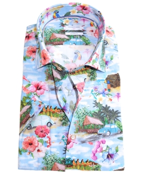 Giordano Modern Fit Kurzarmhemd blau multicolor Hawaiiprint