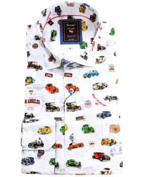 Armas Langarmhemd Comfort Fit weiss multicolor Print Oldtimer Autos