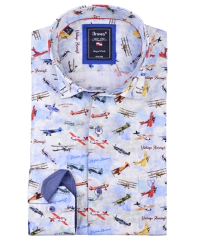 Armas Langarmhemd Comfort Fit hellblau multicolor Print Flugzeuge