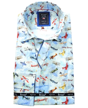 Armas Langarmhemd Comfort Fit hellblau multicolor Print Flugzeuge