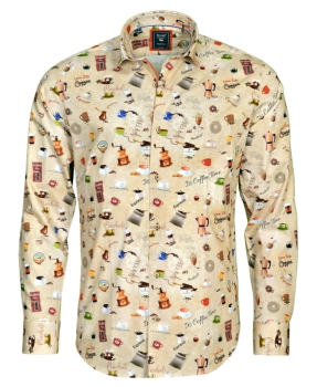 Armas Langarmhemd Comfort Fit beige multicolor Print Kaffeemotive