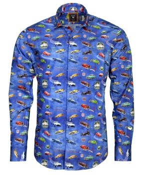 Armas Langarmhemd Comfort Fit blau multicolor Print Oldtimer Autos