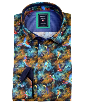 Armas Langarmhemd Comfort Fit dunkelblau multicolor Print Papageien