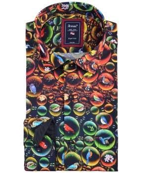 Armas Langarmhemd Comfort Fit schwarz multicolor Print Vögel