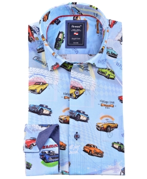 Armas Langarmhemd Comfort Fit hellblau multicolor Print Oldtimer Autos