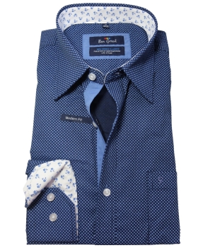 Ben Green Langarmhemd Modern Fit blau Minimuster mit Patches