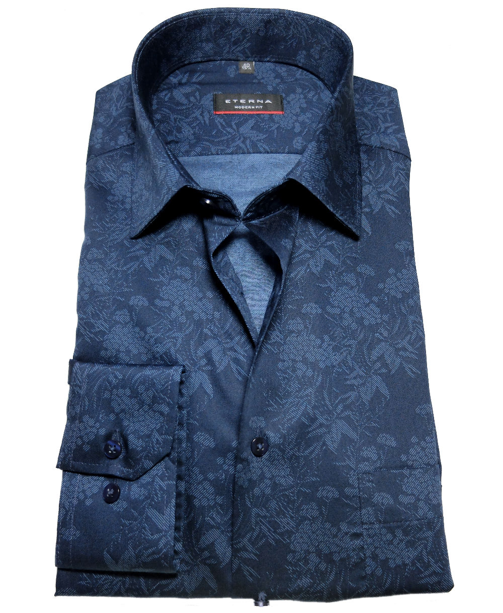 eterna Modern Fit Langarmhemd + Krawatte dunkelblau blau Floralmotiv -  Hochwertige Herrenmode führender Marken zu fairen