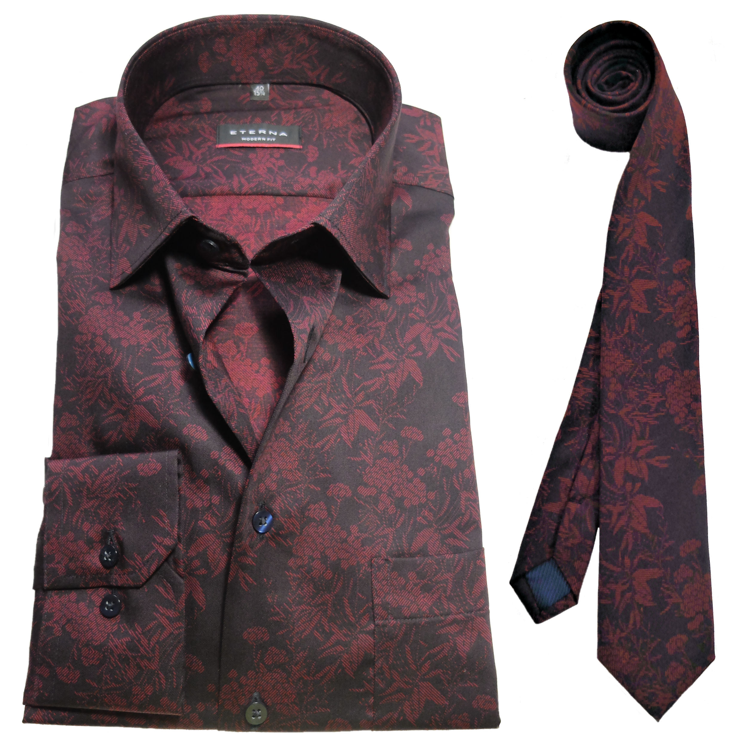 eterna Modern Fit Langarmhemd + Krawatte schwarz dunkelrot Floralmotiv -  Hochwertige Herrenmode führender Marken zu fairen