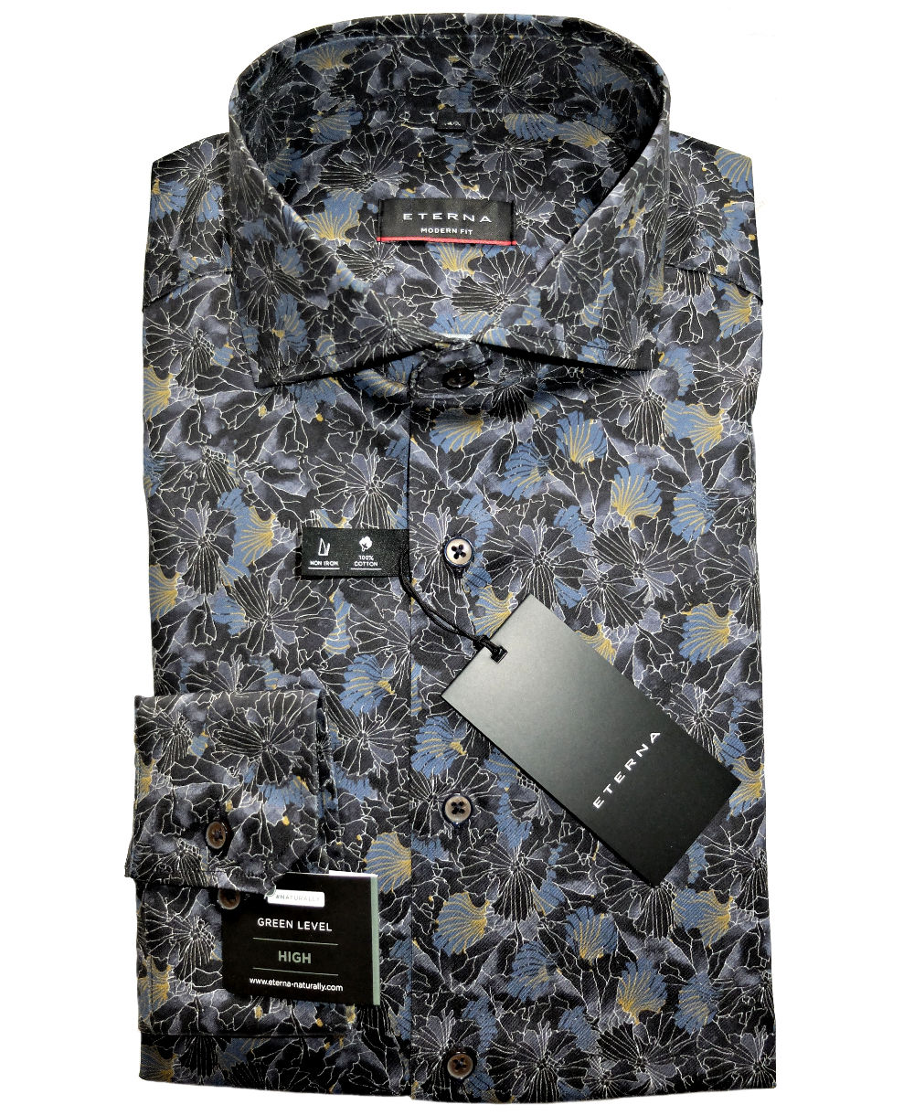 eterna Modern Fit Langarmhemd nachtblau blau goldbraun Floralprint -  Hochwertige Herrenmode führender Marken zu fairen