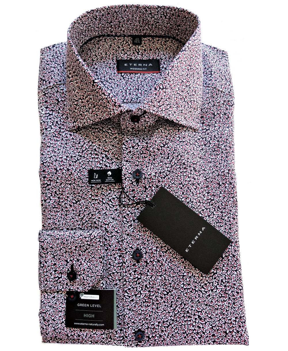 eterna Modern Fit Langarmhemd schwarz weinrot Blattprint - Hochwertige  Herrenmode führender Marken zu fairen