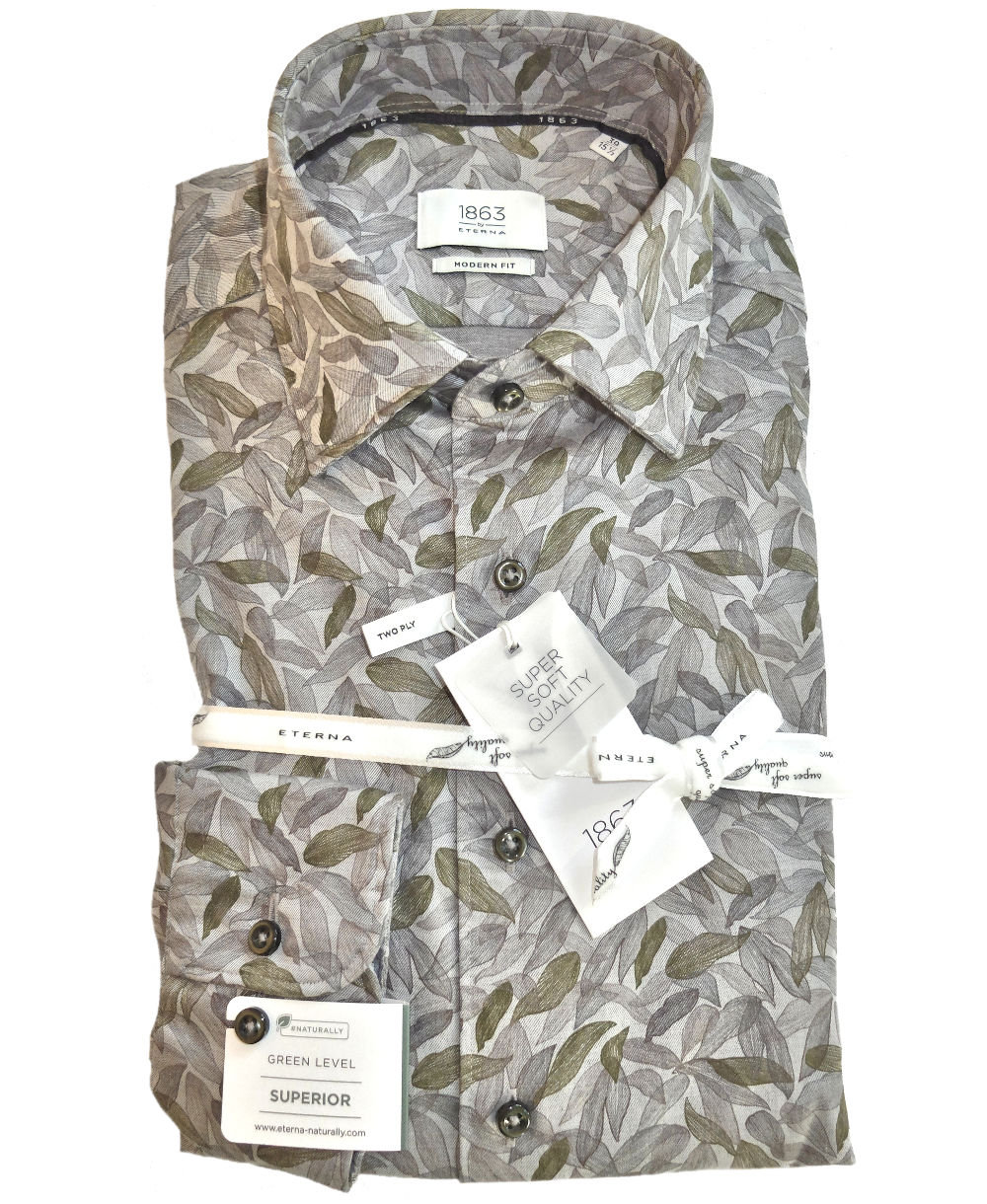 eterna Premium 1863 Modern oliv Fit - Hochwertige Blätter führender Herrenmode zu grau fairen Langarmhemd Marken Print