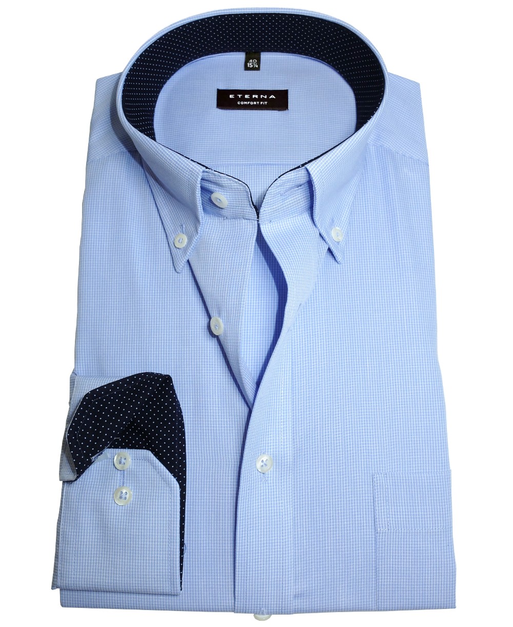 eterna Comfort Fit Business Langarmhemd in hellblau Gitterkaro Patches -  Hochwertige Herrenmode führender Marken zu fairen