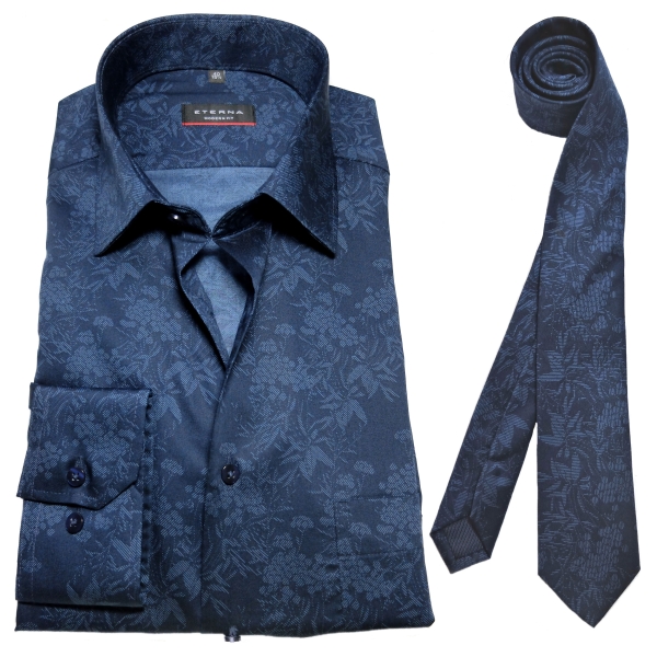 eterna Modern Fit Langarmhemd + Krawatte dunkelblau blau Floralmotiv -  Hochwertige Herrenmode führender Marken zu fairen