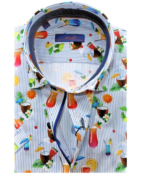 Armas Comfort Fit Kurzarmhemd Cocktail beige weiß blau multicolor