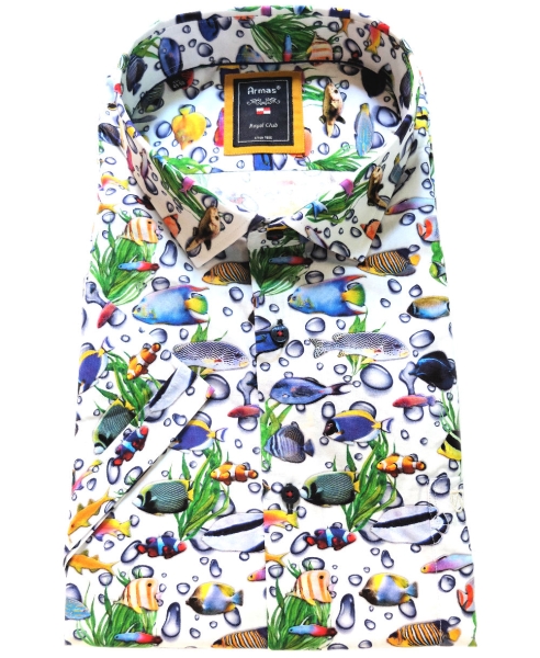 Armas Kurzarmhemd Comfort Fit weiss multicolor Print Malibu Fische