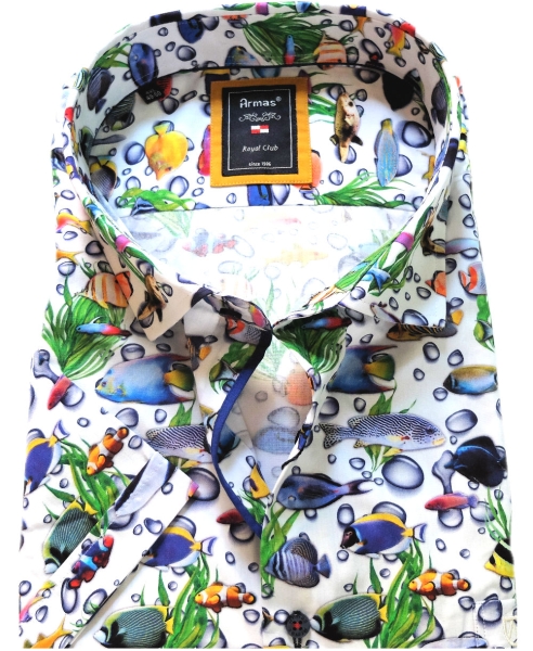 Armas Kurzarmhemd Comfort Fit weiss multicolor Print Malibu Fische