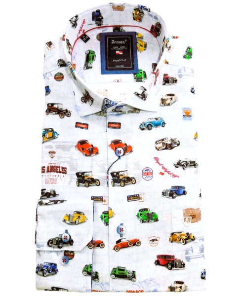 Armas Langarmhemd Comfort Fit weiss multicolor Print Oldtimer Autos
