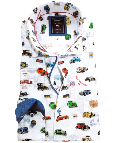Armas Langarmhemd Comfort Fit weiss multicolor Print Oldtimer Autos