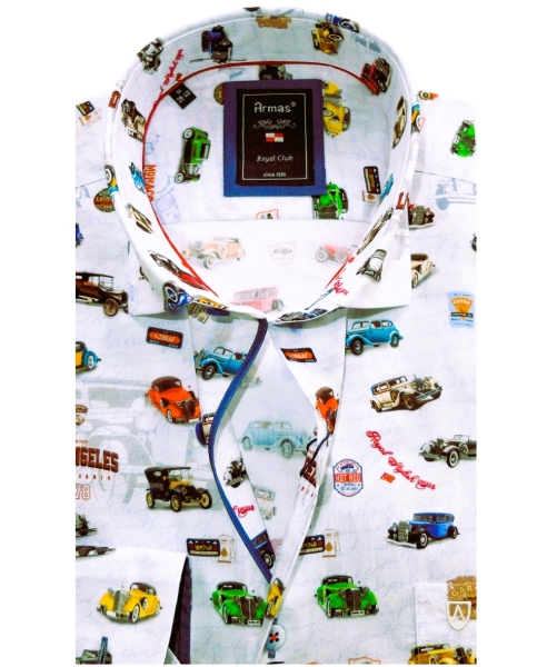 Armas Langarmhemd Comfort Fit weiss multicolor Print Oldtimer Autos