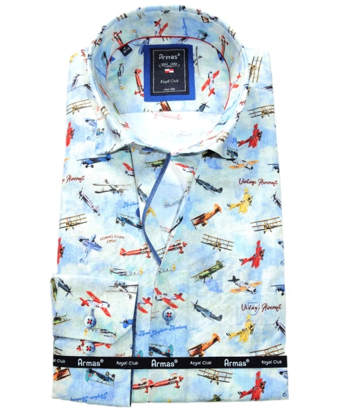 Armas Langarmhemd Comfort Fit hellblau multicolor Print Flugzeuge
