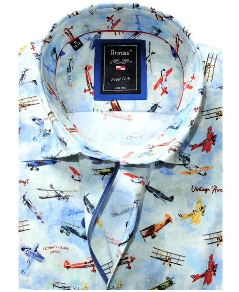 Armas Langarmhemd Comfort Fit hellblau multicolor Print Flugzeuge