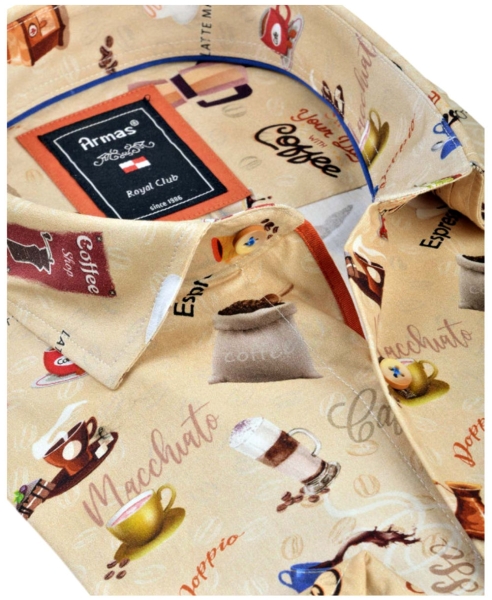 Armas Langarmhemd Comfort Fit beige multicolor Print Kaffeemotive