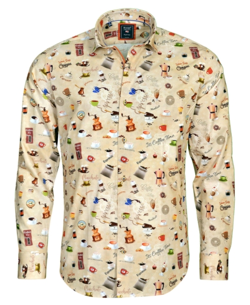 Armas Langarmhemd Comfort Fit beige multicolor Print Kaffeemotive