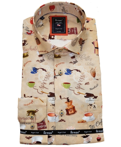 Armas Langarmhemd Comfort Fit beige multicolor Print Kaffeemotive