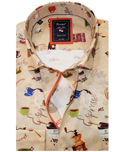 Armas Langarmhemd Comfort Fit beige multicolor Print Kaffeemotive