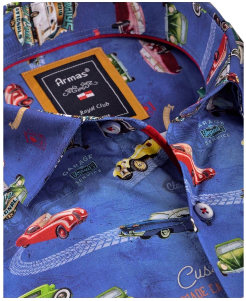 Armas Langarmhemd Comfort Fit blau multicolor Print Oldtimer Autos