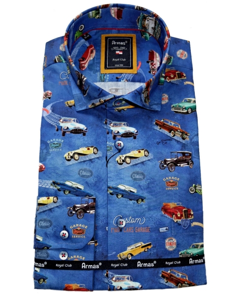 Armas Langarmhemd Comfort Fit blau multicolor Print Oldtimer Autos
