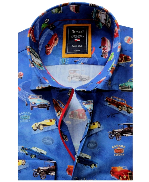 Armas Langarmhemd Comfort Fit blau multicolor Print Oldtimer Autos
