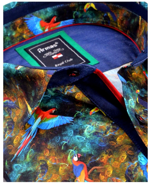 Armas Langarmhemd Comfort Fit dunkelblau multicolor Print Papageien