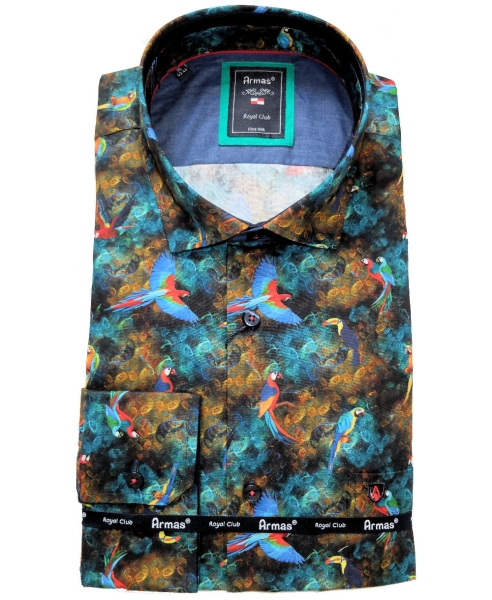 Armas Langarmhemd Comfort Fit dunkelblau multicolor Print Papageien