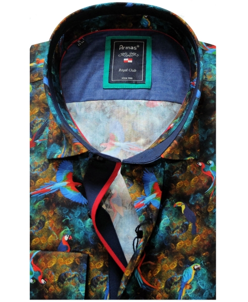 Armas Langarmhemd Comfort Fit dunkelblau multicolor Print Papageien