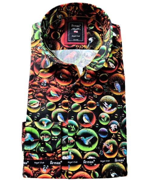 Armas Langarmhemd Comfort Fit schwarz multicolor Print Vögel