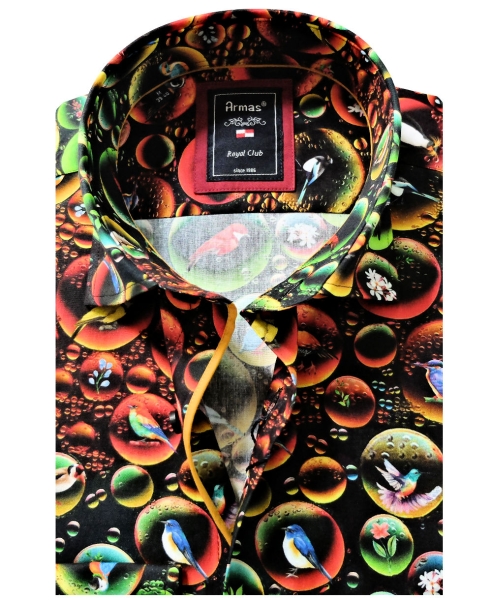 Armas Langarmhemd Comfort Fit schwarz multicolor Print Vögel