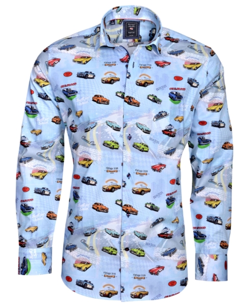 Armas Langarmhemd Comfort Fit hellblau multicolor Print Oldtimer Autos